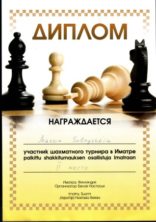 Благодарность за участие в шахматном турнире