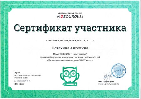 Сертификат об участии в олимпиаде
