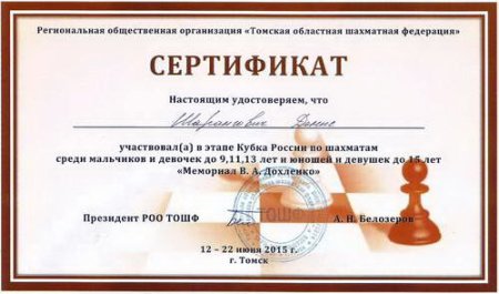 Сертификат участника шахматного турнира