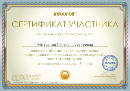 Сертификат участника в школьной олимпиаде