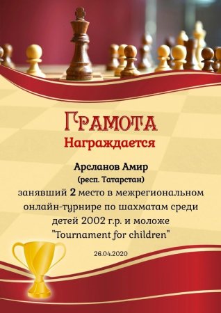 Сертификата за участие в шахматном турнире