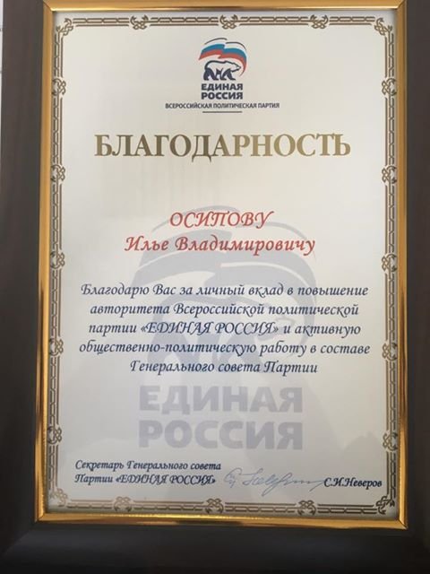 Благодарственное письмо Единая Россия