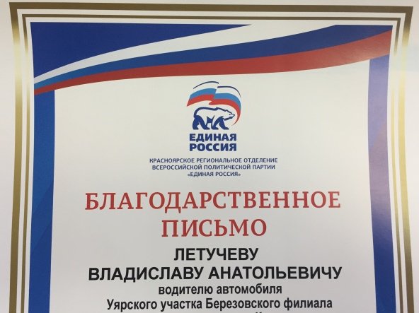 Благодарственное письмо Единая Россия