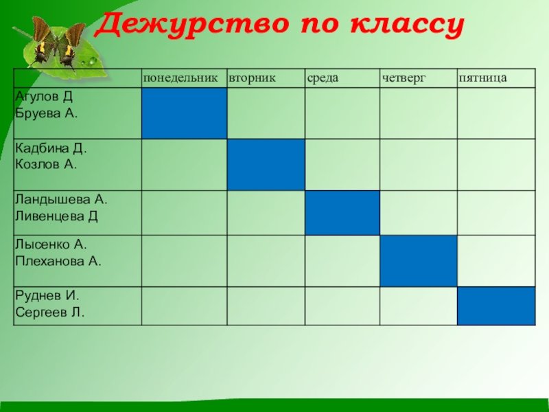 график дежурства по парам для классного уголка