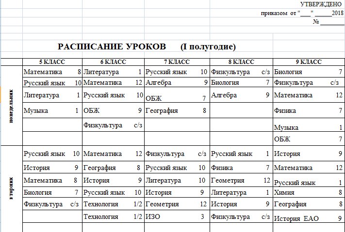 Расписание уроков в таблице excel