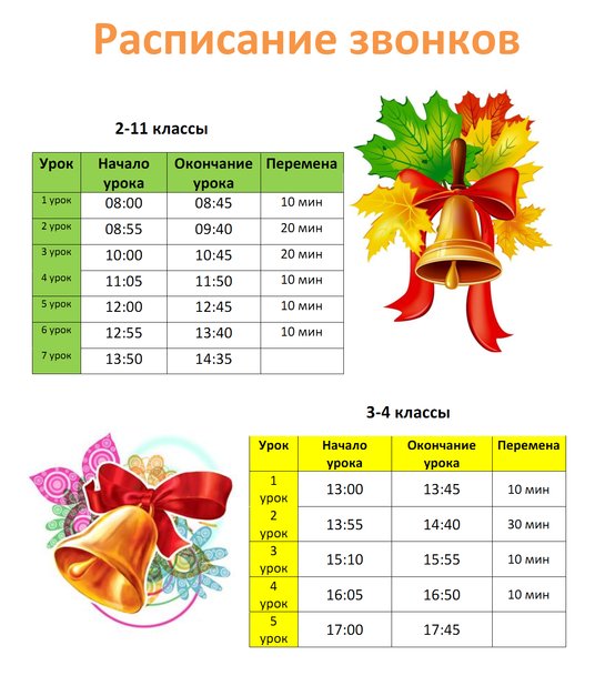 Расписание звонков для классного уголка