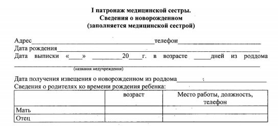 Сведения о новорожденном 1 патронаж медицинской сестры образец