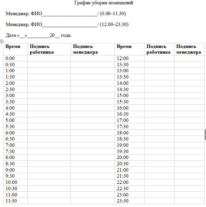 Пример Графика уборки туалета