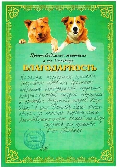 Благодарность от приюта для животных