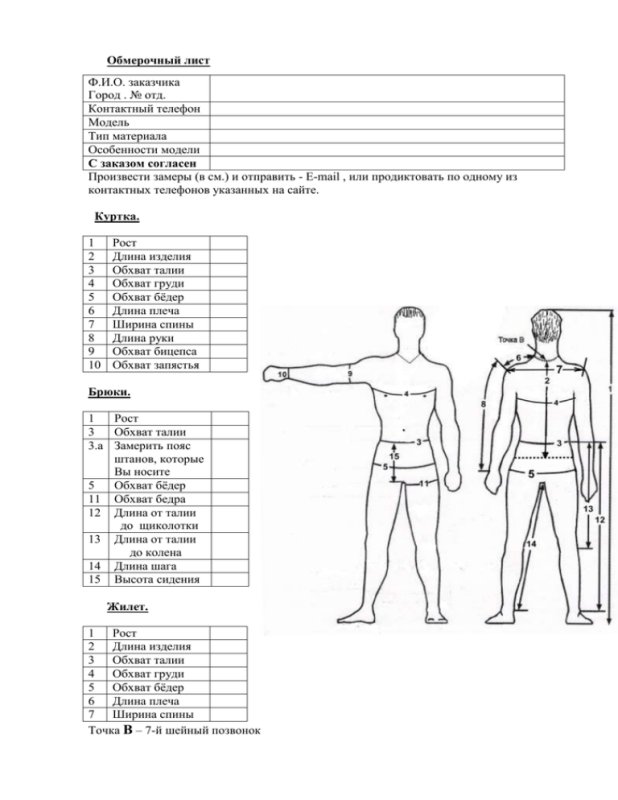Таблица снятия мерок мужчины