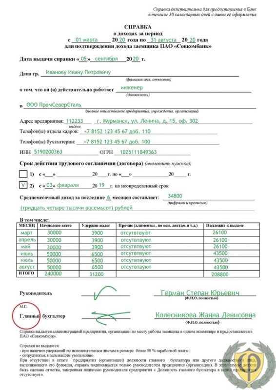 Справка по доходу по форме банка