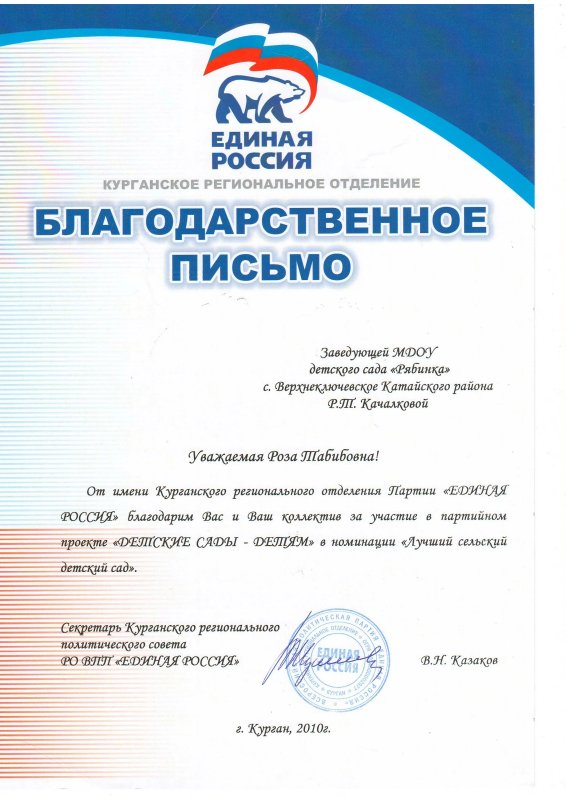 Благодарственное письмо Единая Россия