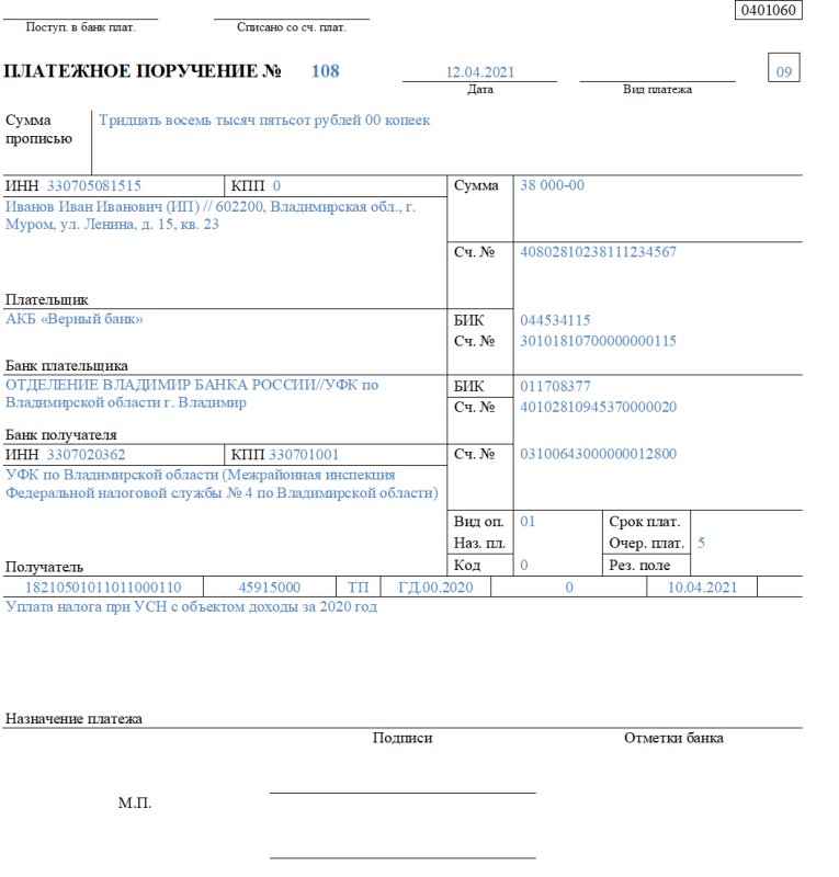 Реквизиты платежного поручения УСН доходы 2021