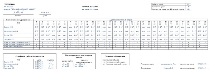 Таблица рабочего Графика на месяц