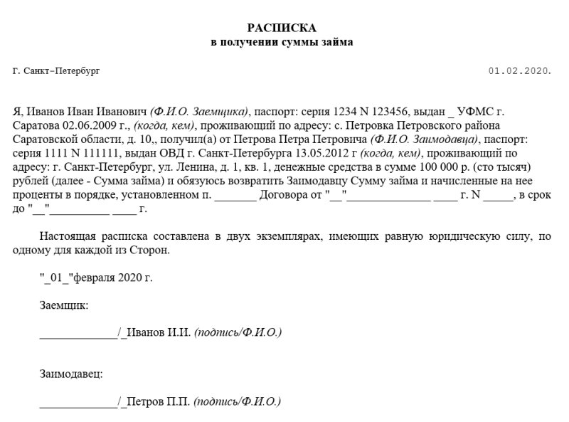 Расписка форма написания о получении денег
