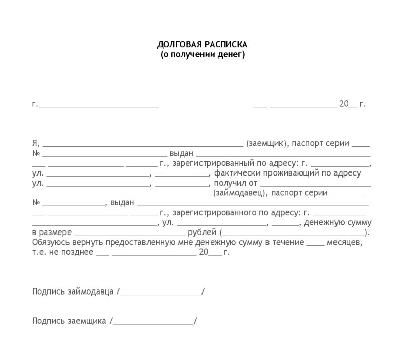 Образец Бланка расписки в получении денег