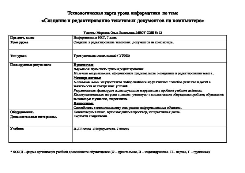 технологическая карта урока информатики