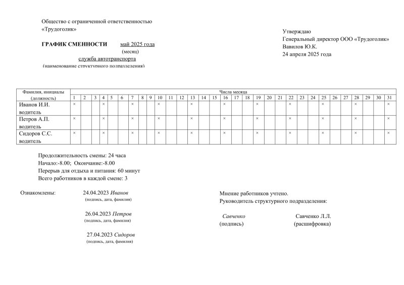 график работы персонала