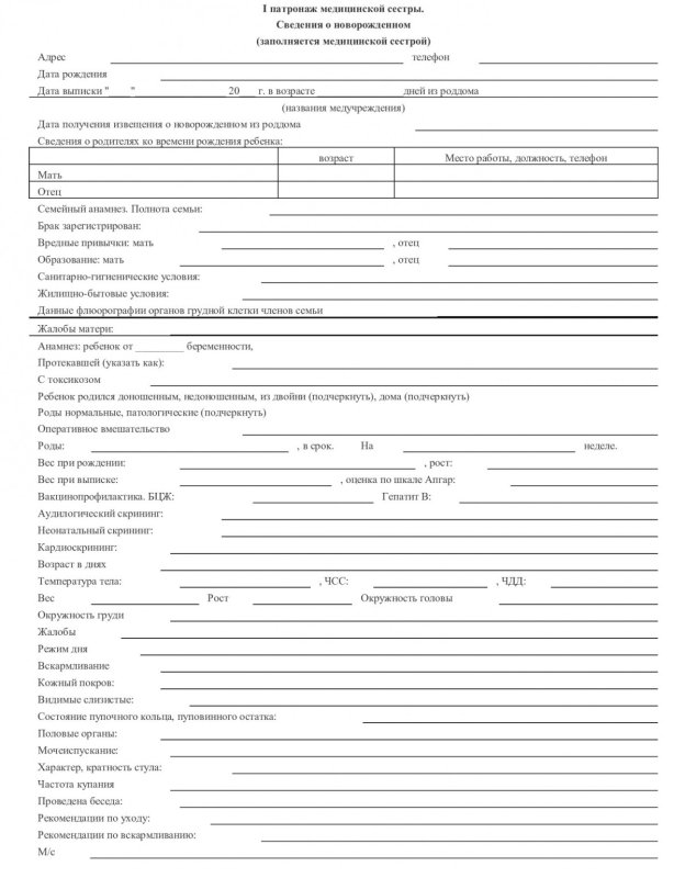 Схема патронаж новорожденного ребенка заполненная