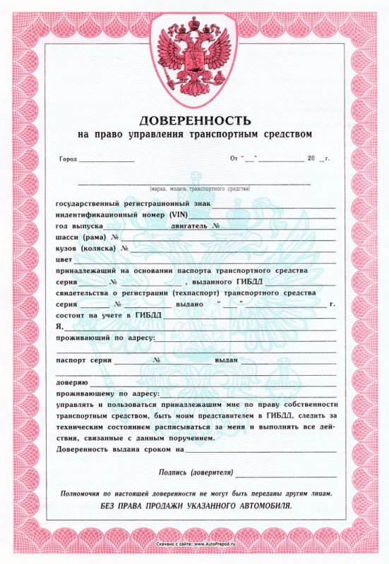 Бланк доверенности на управление авто