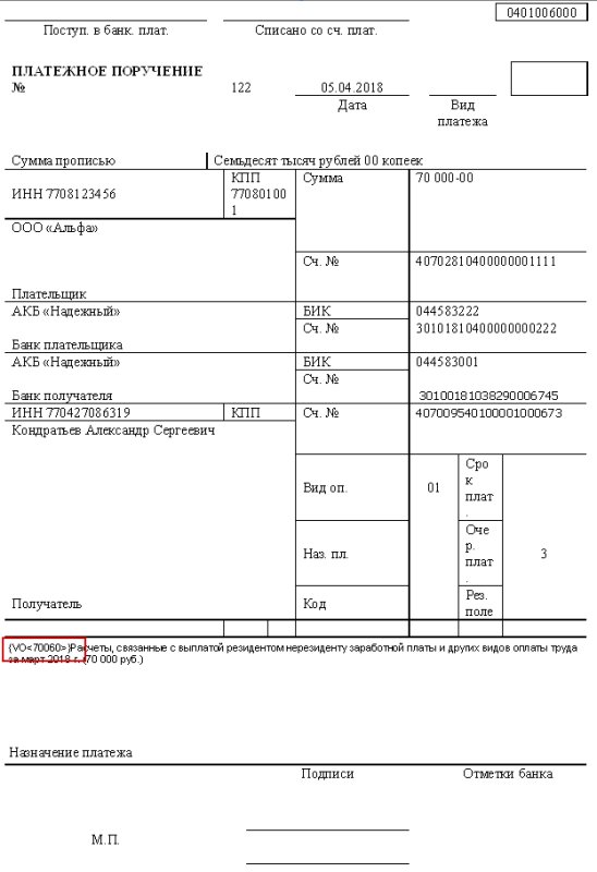 Образец валютного платежного поручения