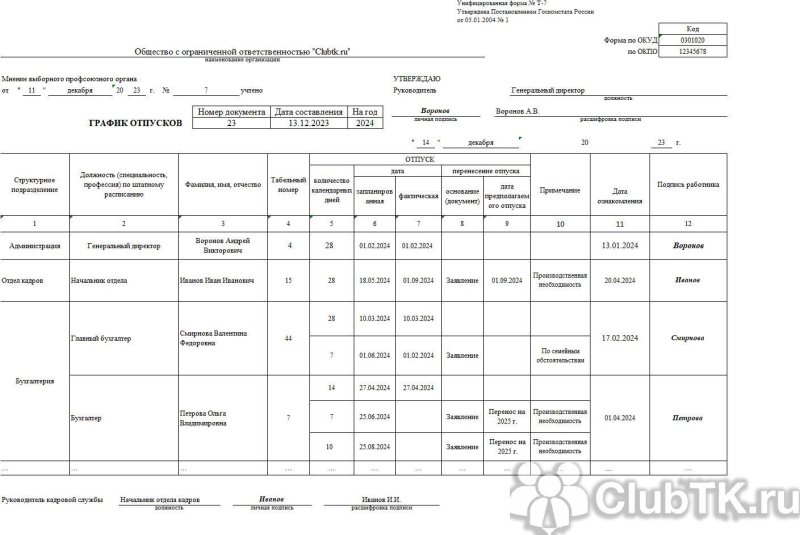 Форма т-7 график отпусков 2022